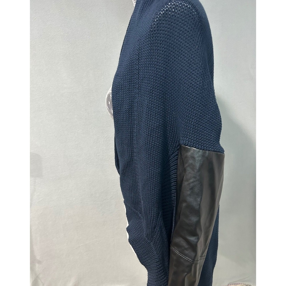 ARYN K Womens Cardigan Size Large Faux Leather Sleeve‎ Navy Blue Shawl Collar